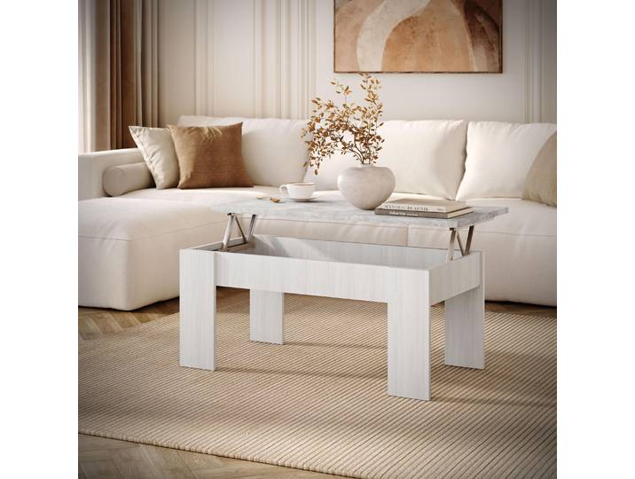Ausklappbarer Couchtisch APERTO, Rustica Weiß / Beton
