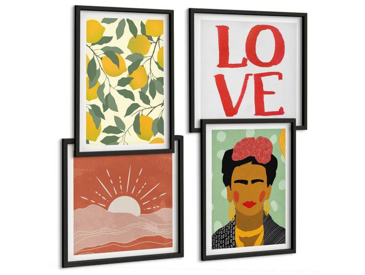 Tulup Bilder SET 4er Set - 50x50 cm & 40x60 cm Schwarzer Rahmen - Zitronen Inschrift Liebeslandschaft Frida, Kunststoff, Rechteckig, 50x50 cm, Fotografie, Bilder & Rahmen, Bilder