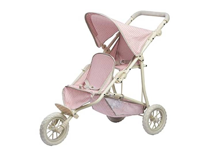 Teamson Kids Dubbel Poppenwagen Voor Babypoppen - Accessoires Voor Poppen - Kinderspeelgoed - Roze/Grijs/Polka Dot