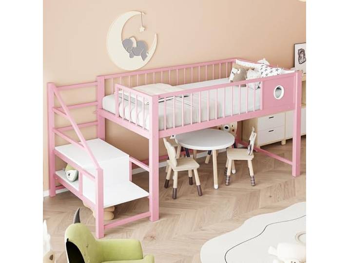 Merax Niedriges Hochbett 90x200 cm, für Kinder & Jugendliche, Metallrahmen, platzsparend mit Aufbewahrungsleiter, Stauraum unter dem Bett, kompakt, vielseitig, Rosa (ohne Matratze)