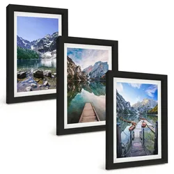 BILDER SET 3er Set - 20x30 cm Schwarzer Rahmen - Berge, Seen, Holzstege