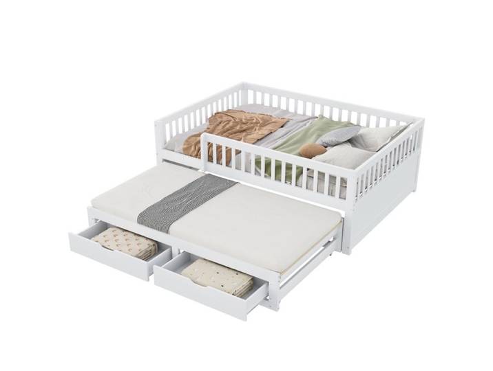 VLIVRA Lit Banquette Lit Double Couchage Gigogne 2 Tiroirs et Barrière 140×200 cm sans Matelas - en Bois - Blanc