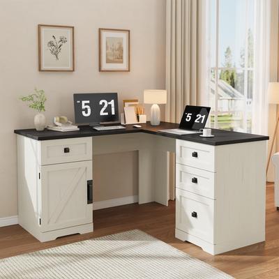 Garvee "60"" Executive L Shaped Desk, Corner Home Office Desk with File Drawers and Storage Cabinet"