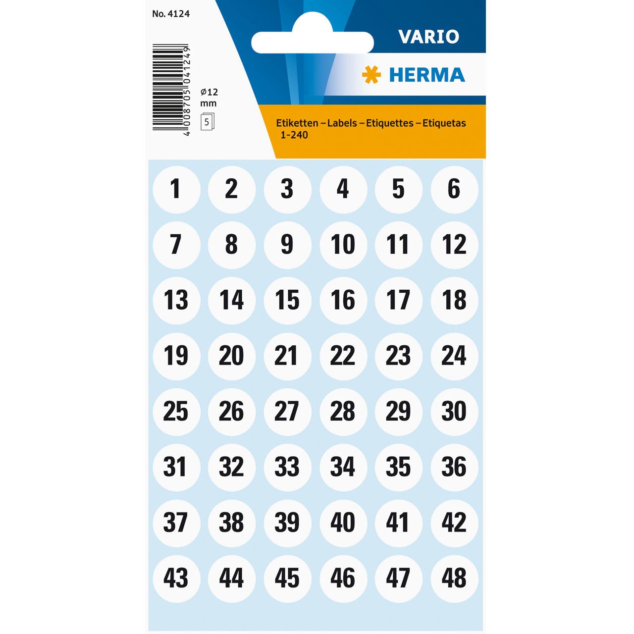 HERMA Zahlen-Sticker 1-240, Durchmesser: 12 mm, weiß