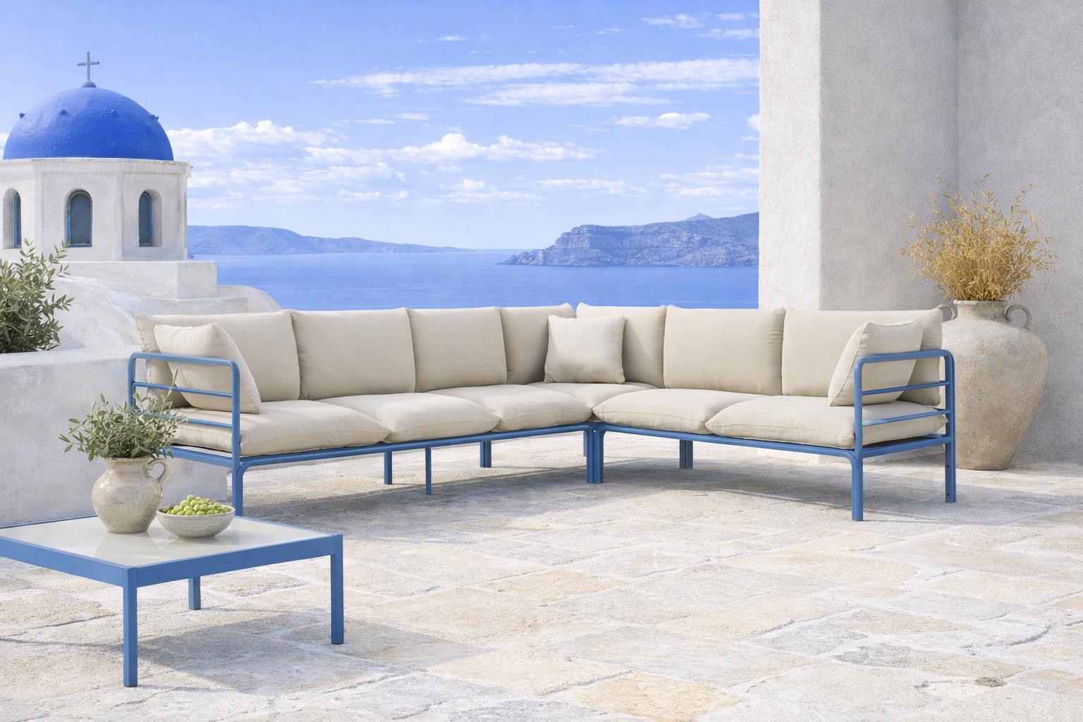 Großes Garten Ecksofa Wenecja 7 Sitzer, beige mit blauem Rahmen ideal für die Terrasse