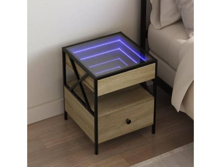 HEFZGDB Nachttisch mit Infinity-LED Beleuchtung und USB-Anschluss in Sonoma-Eiche 40x40x51 cm, Industriestil Metallgestell für Stabilität, RGB Beleuchtung mit personalisierbaren Modi