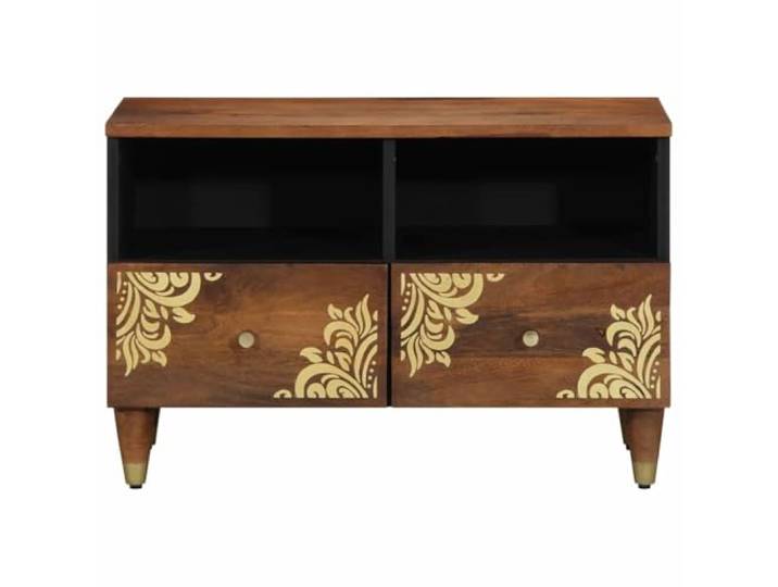 KTHLBRH TV-Schrank Braun 70 x 33 x 46 cm Mango Massivholz Mit Schublade und Ablage, goldbedrucktes Design, Messingknöpfe, für Wohnzimmer