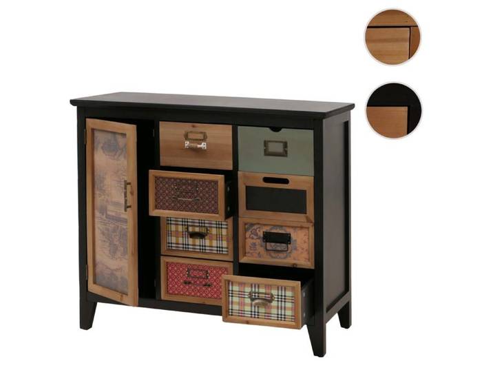 Commode de pharmacien HWC-O63 motif shabby bois 80x91x40cm corps noir