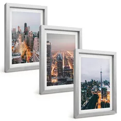 BILDER SET 3er Set - 20x30 cm Silberner Rahmen - Städte bei Nacht, Wolkenkratzer, Lichter