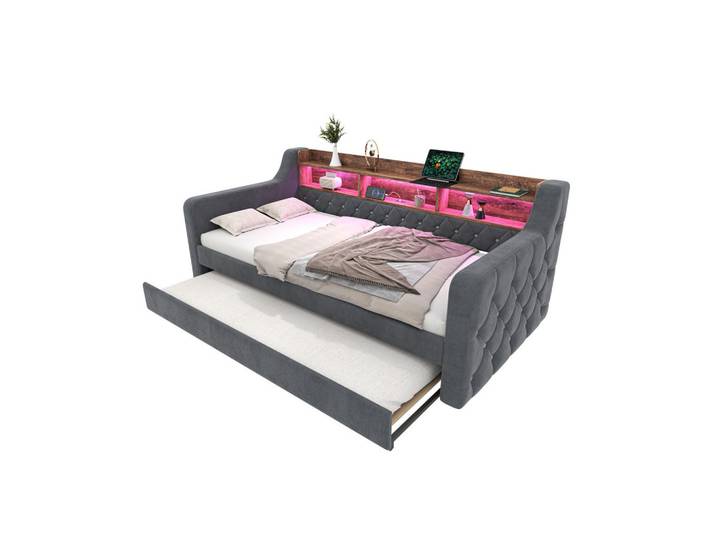 Lvhom Schlafsofa 90x190cm Ausziehsofa,zwei Liegeflächen,Samt,Grau, 201x75x107 cm, Babymöbel & Kindermöbel, Kinderzimmer & Jugendzimmer, Schlafsofas