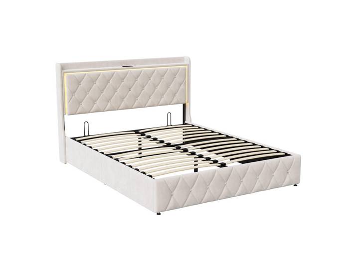 Polsterbett 160x200 cm mit LED & Usb, Holzbett, Stauraumbett, Samt, Beige, Mode, 160x200 cm, Schlafzimmer, Betten, Polsterbetten