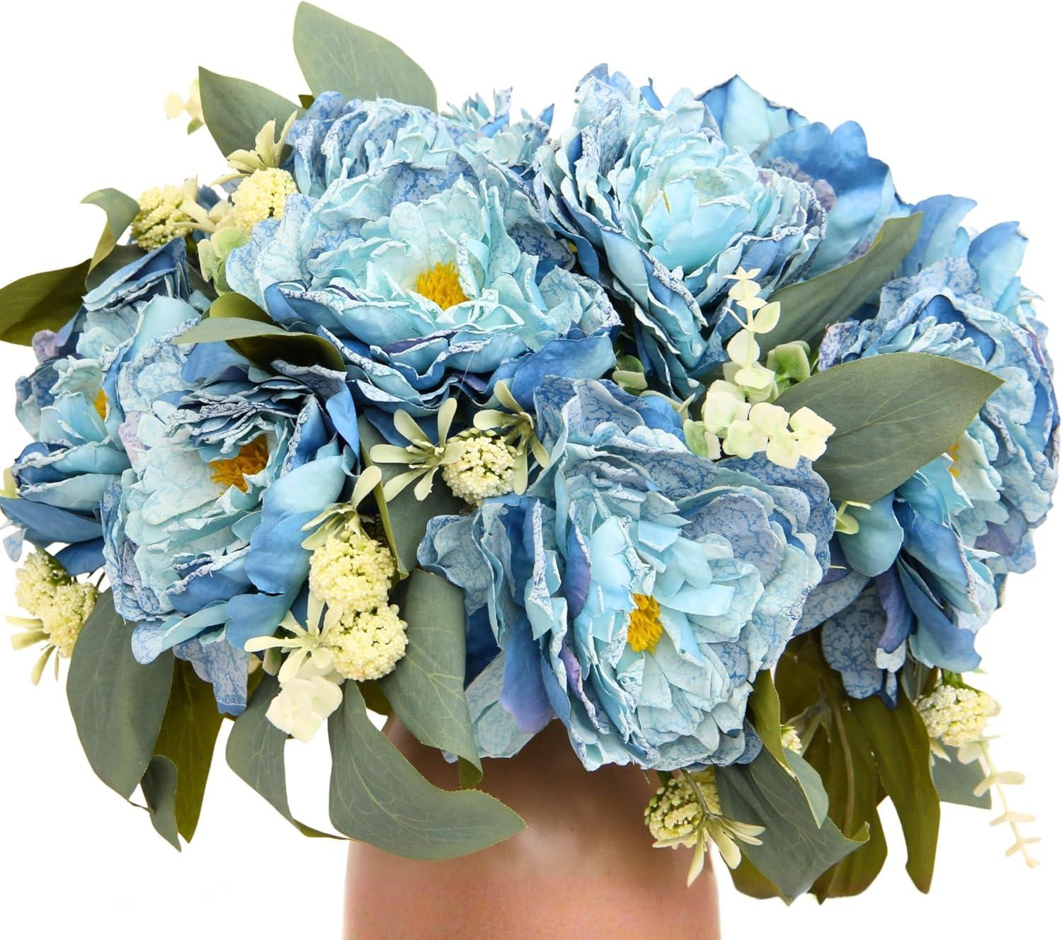 oCreon Kunstbloemen Pioenroos Boeket met 12 Blauwe Zijden Pioenrozen