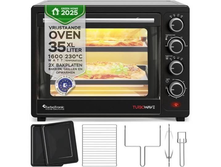 TurboTronic Minibackofen mit Umluft und Drehspieß 35 Liter, Schwarz, inkl. 2x Backbleche 1600W, schnelle Aufheizzeit, von Brötchen über Hähnchen bis Pizza