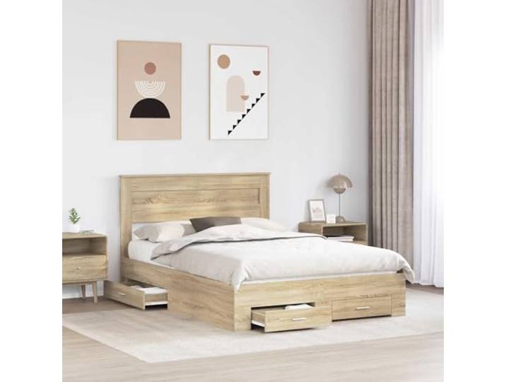 KTHLBRH Boxspringbett Eiche Sonoma 140 x 190 cm Technisches Holz, herausnehmbare Schubladen, Lattenrost, Metallgriffe