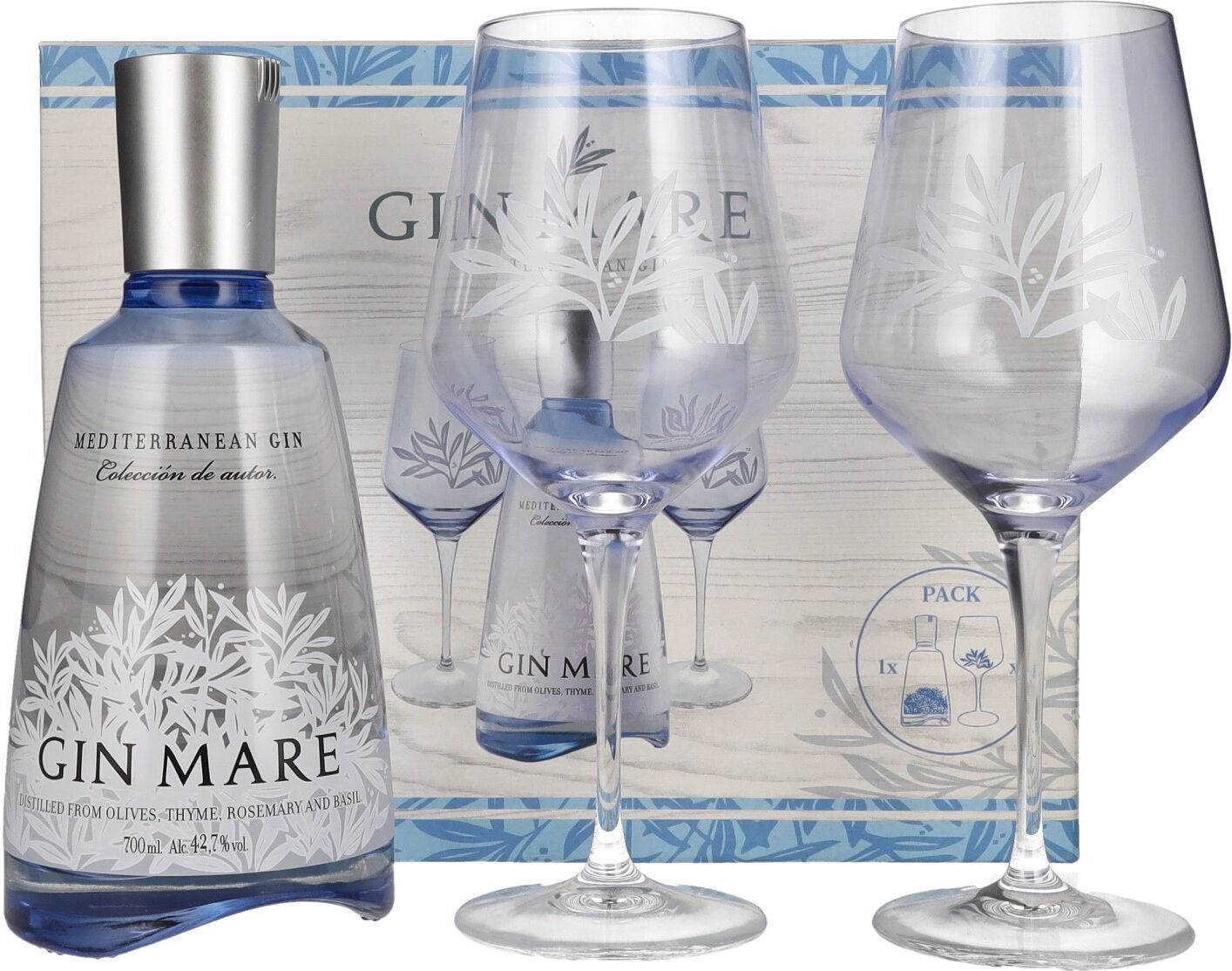 Gin Mare Mediterranean Gin 42,7% Vol. 0,7l in Geschenkbox mit 2 Gläsern
