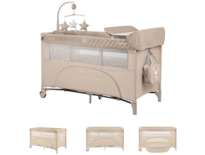 Kikkaboo Baby-Reisebett Nighty Night 2 Ebenen, Wickelauflage, Spielbogen mit Musik, Seiteneingang, Laufstallfunktion