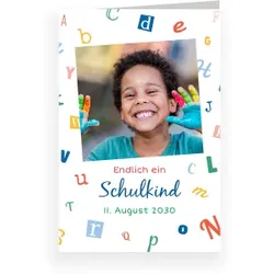 Einladungskarte Einschulung: Das ABC mit Fotos in Weiß