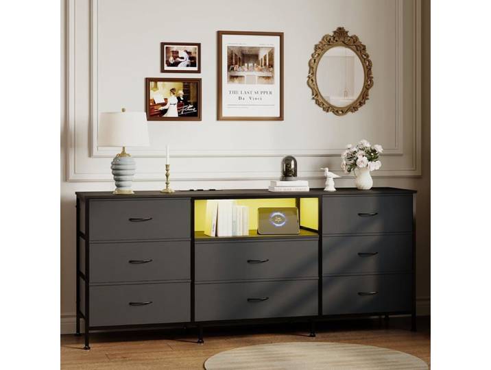 Meuble TV moderne 8 tiroirs tissu 160 cm LED cadre acier TV 65-75 pouces salon chambre Gris