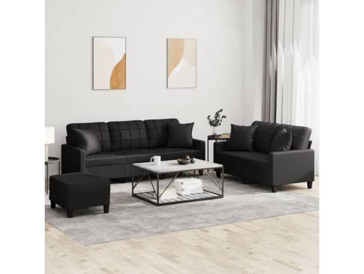HEFZGDB 3-TLG. Sofagarnitur mit Kissen Schwarz Kunstleder Langlebiges Polstermöbel Schmutzabweisende Reinigung Robustes Gestell Bequeme Sitzflächen Quadratische Sofakissen