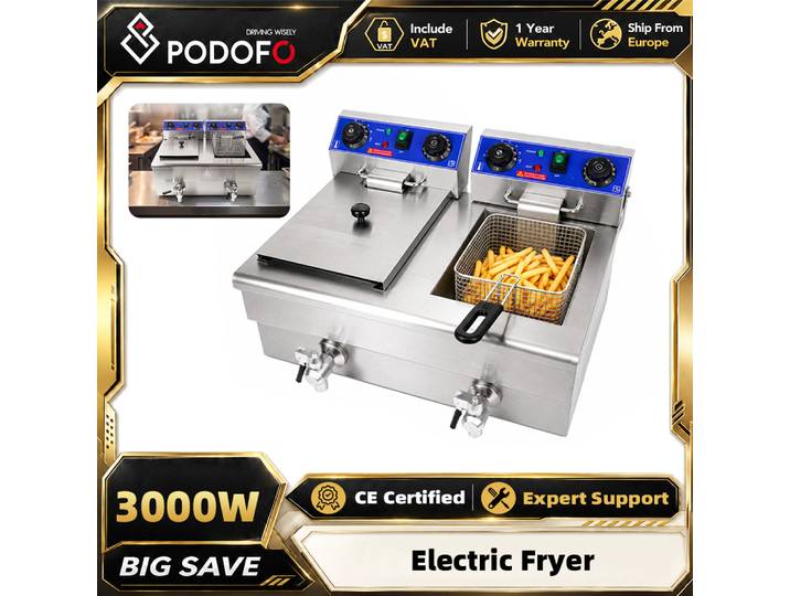 Friteuse électrique commerciale Podofo 12L 3000W à double cuve en acier inoxydable, friteuse de comptoir avec filtration d'huile pour poulet frit et frites