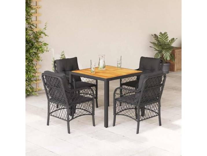HEFZGDB 5-TLG. Garten-Essgruppe mit Kissen Schwarz Poly Rattan, Outdoor Esstischgruppe mit Akazienholz Tischplatte und waschbaren Bezügen, robuste PE Rattan Gartenmöbel für Terrasse