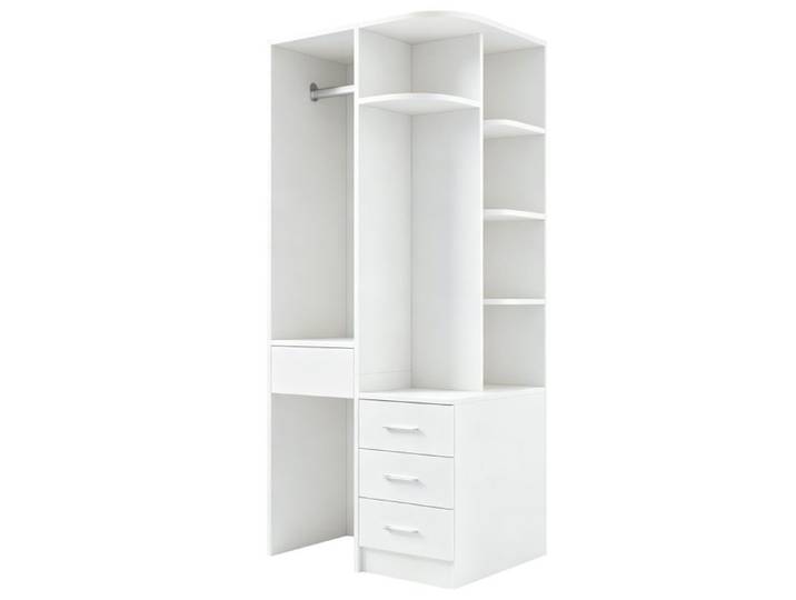 Armoire 70x55x175 cm avec penderie ouverte étagères porte et rangements fermés finition blanche meuble moderne