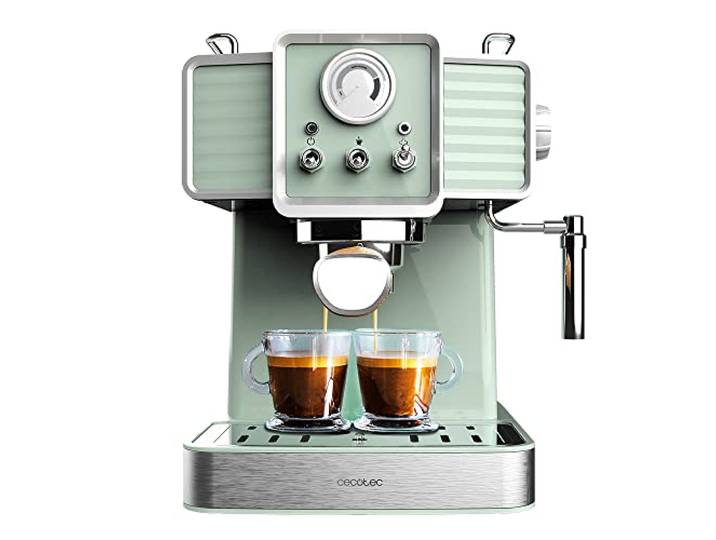 Cecotec Express - Kaffeemaschine Power Espresso 20 Tradizionale Light Green 1350 W, Espresso und Cappuccino, 20 Bar und Thermoblock, Dampfdüse, Manometer, Vintage - Design, 1,5L Kapazität