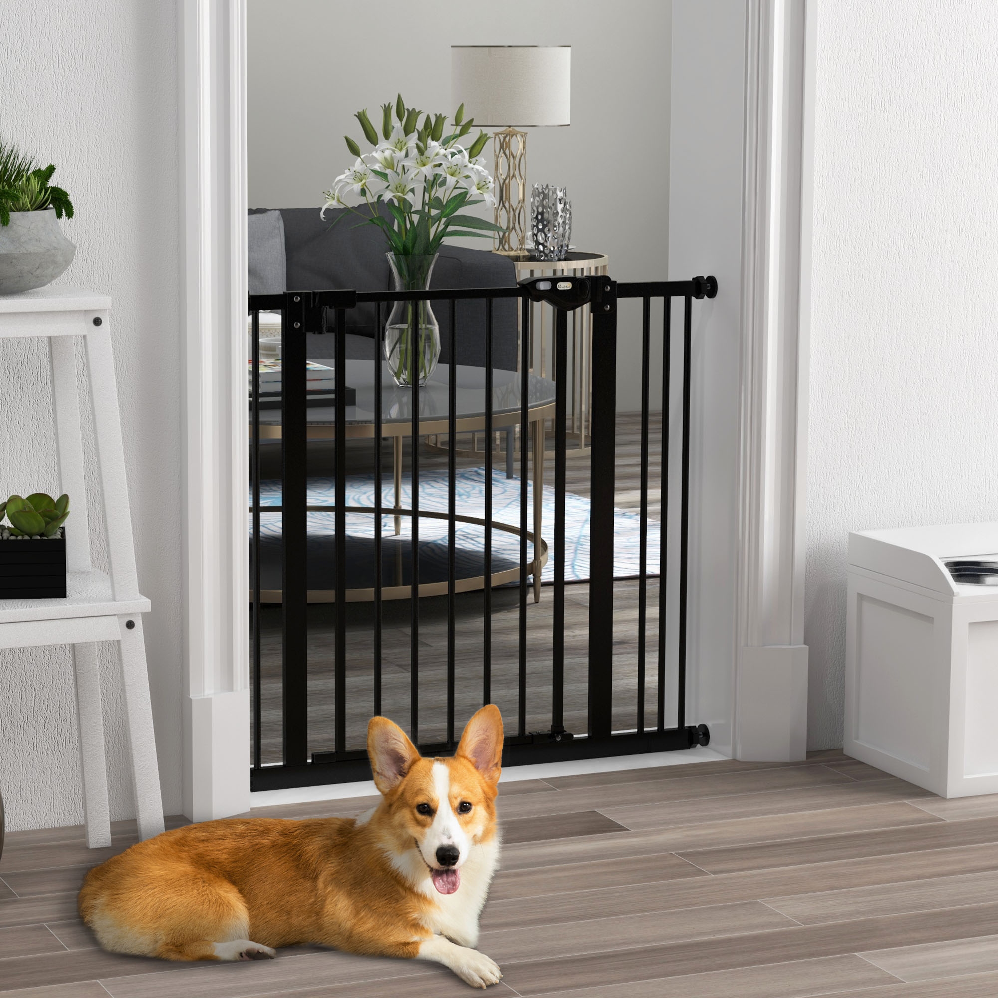 Pawhut Cancellino per Cani a 2 Estensioni con Larghezza Regolabile fino 100 cm e Chiusura Automatica, Nero