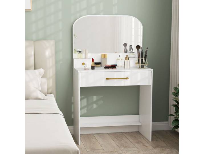 Coiffeuse avec miroir compacte blanche avec 3 tiroirs