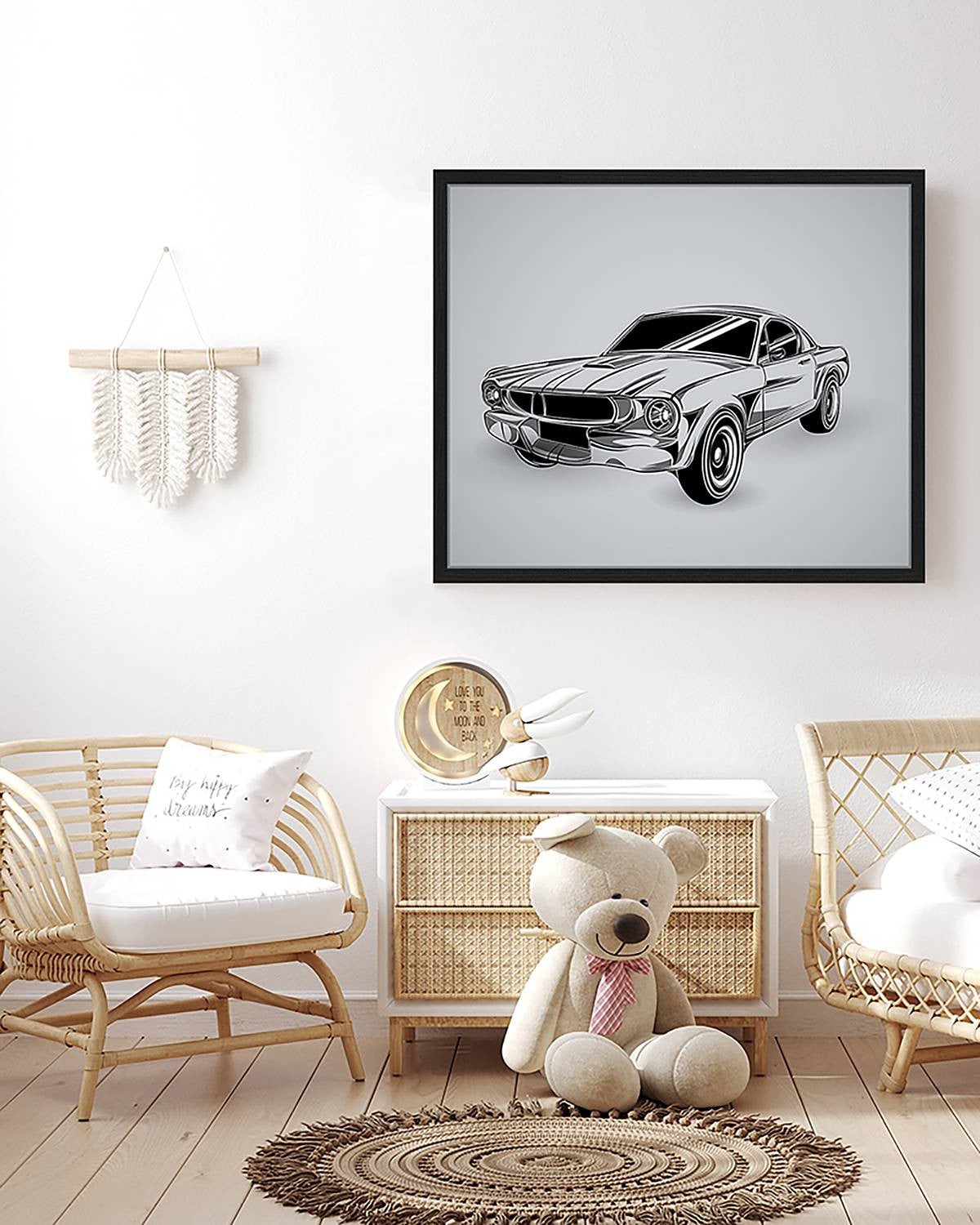 home24 Vintage Car Drawing Wanddecoratie, Multicolour, 53 x 63 cm