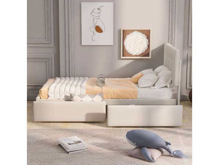 Lit simple rembourré 90x200cm avec 2 tiroirs - Beige - Scandinave Moderne