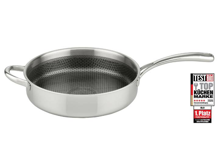 Schmorpfanne ELO PREMIUM Relief Evolution Schmorpfanne , silber (edelstahl), B:29,5cm H:7,5cm L:53,5cm Ø:28cm, Pfannen, Schmorpfanne, durchgehender Aluminium-Kern, außen magnetischer Edelstahl