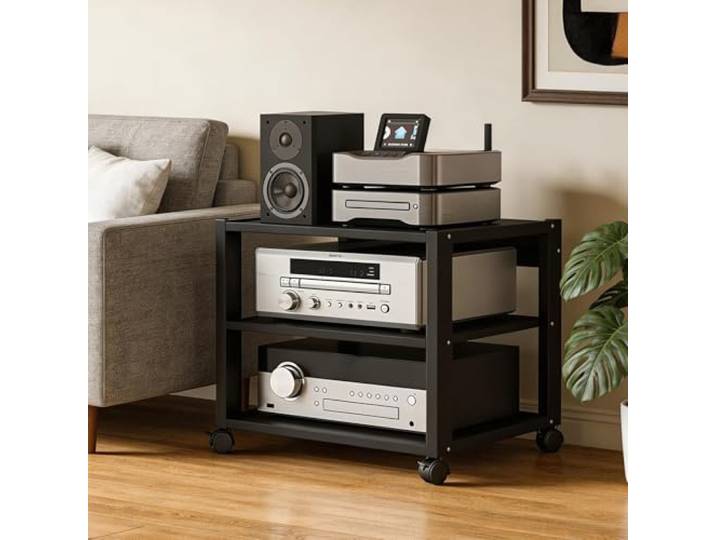 HiFi Rack mit Rädern, Mobiles HiFi Rack, Eckregal Beistelltisch(A-3H) Audio Rack mit Verstellbaren Ablagen für Plattenspieler, Verstärker Wohnzimmer Spielzimmer Entertainment Center