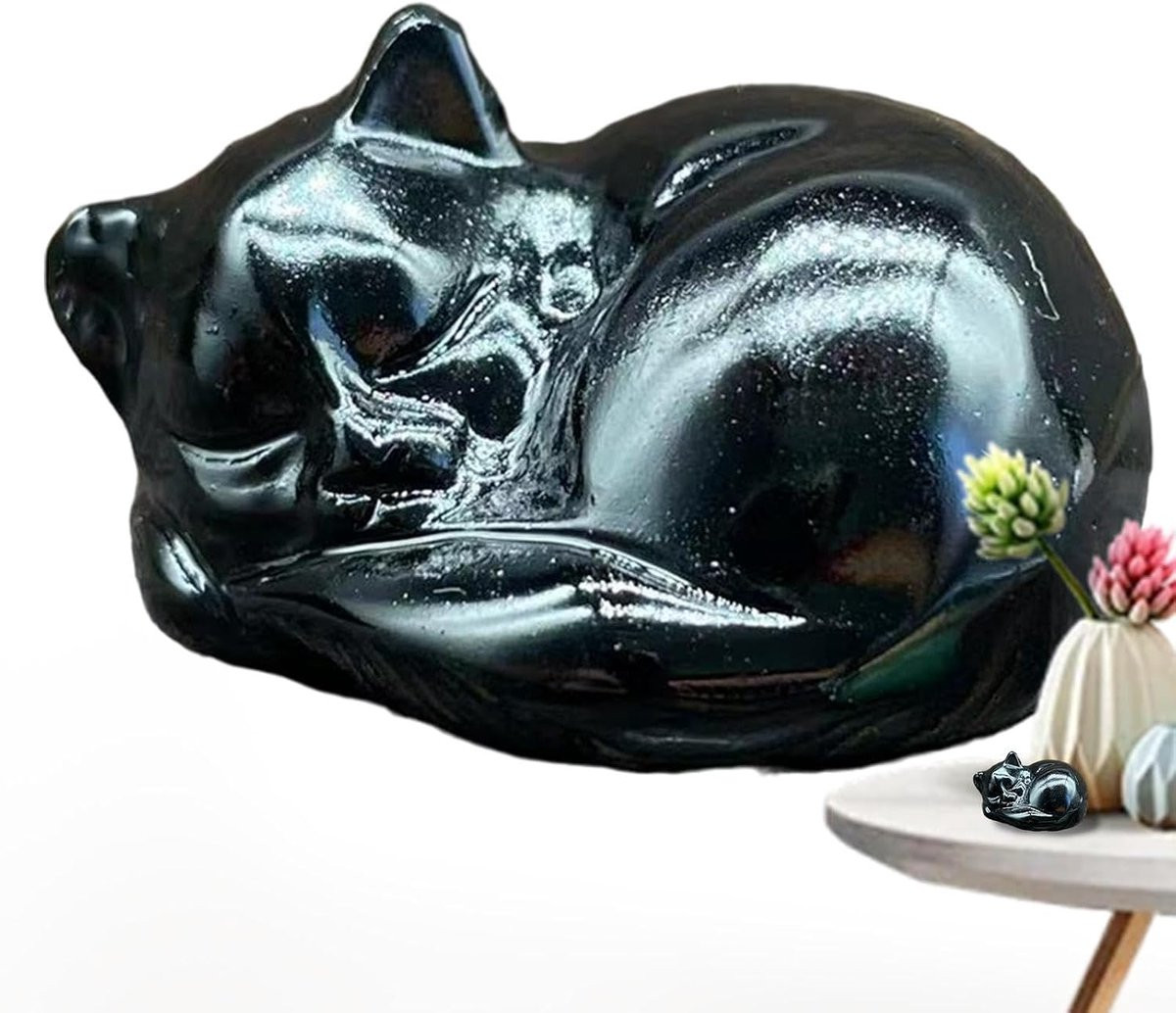 Slapend kattenbeeldje van obsidiaan natuursteen - Miniatuur woondecoratie - Hoogte: 6 cm