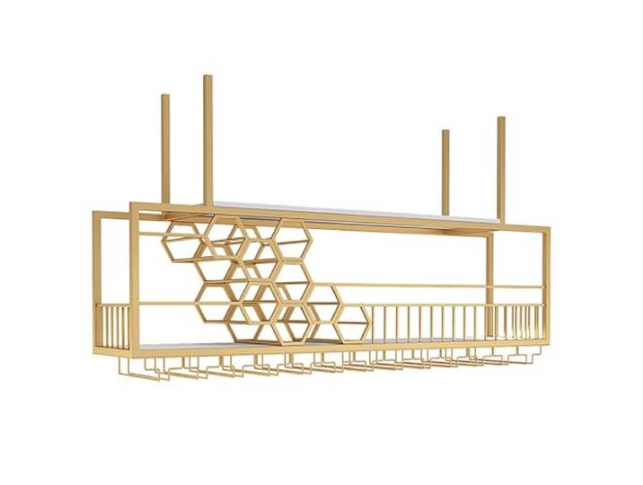 SnamicE Hängendes Weinregal mit Regal, Weinglashalter, industrieller hängender Weinflaschenhalter, Deckenmontage, Weinregal, Wandmontage, goldfarben, 120 x 40 x 30 cm