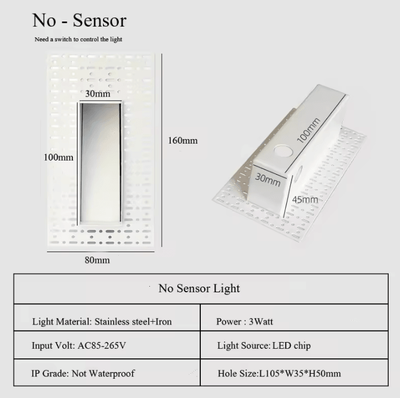 Inspire Curations Frameless 3W Motion Sensor LED Step Light 160mm No Sensor 3w warm White 3000k white