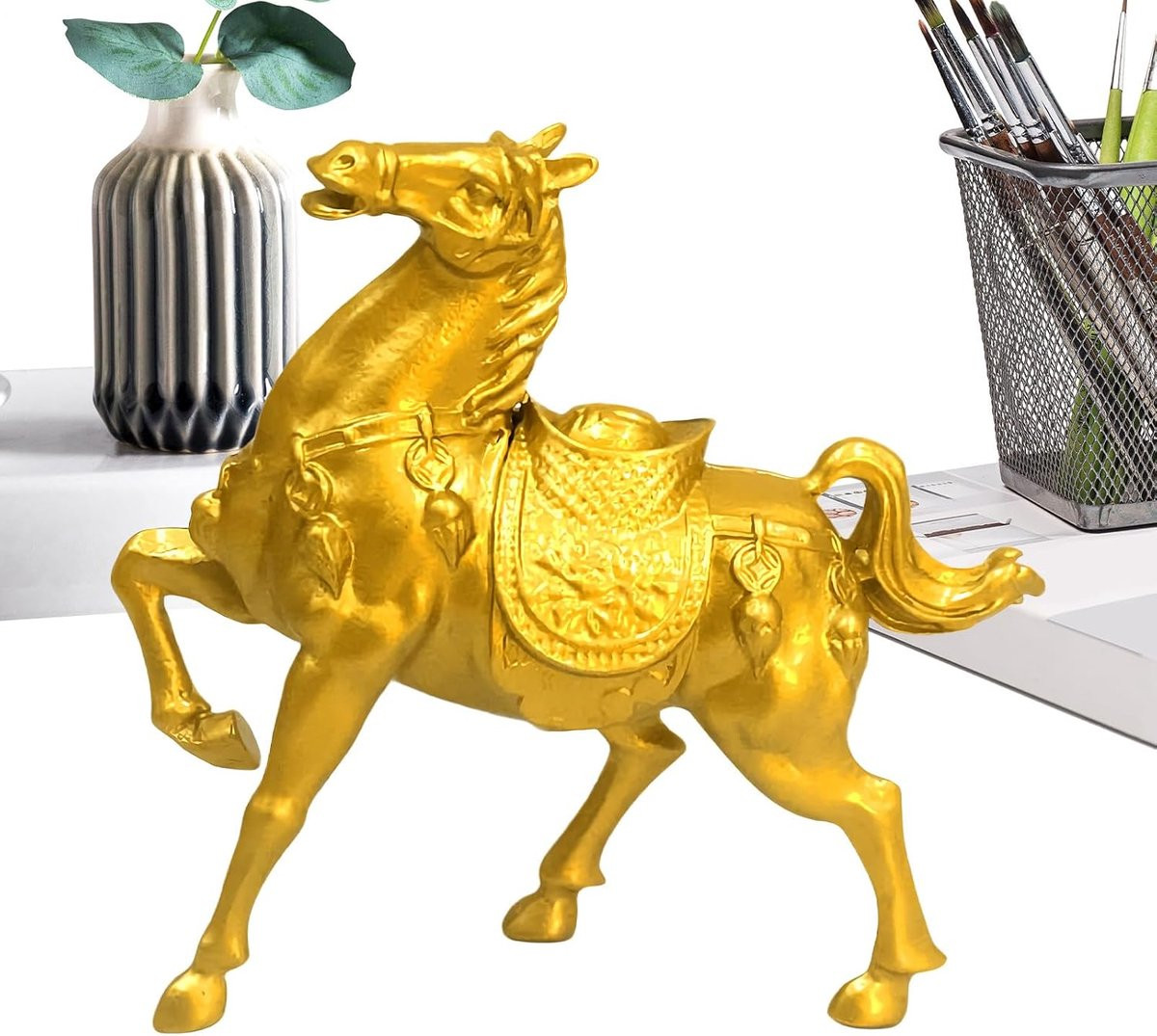 Gouden paardenbeeldje van legering voor bureau decoratie, Breedte: 10 cm
