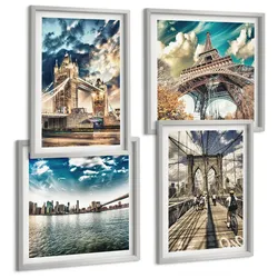 BILDER SET 4er Set - 50x50 cm & 40x60 cm Silberner Rahmen - Turmbrücken in europäischen Städten