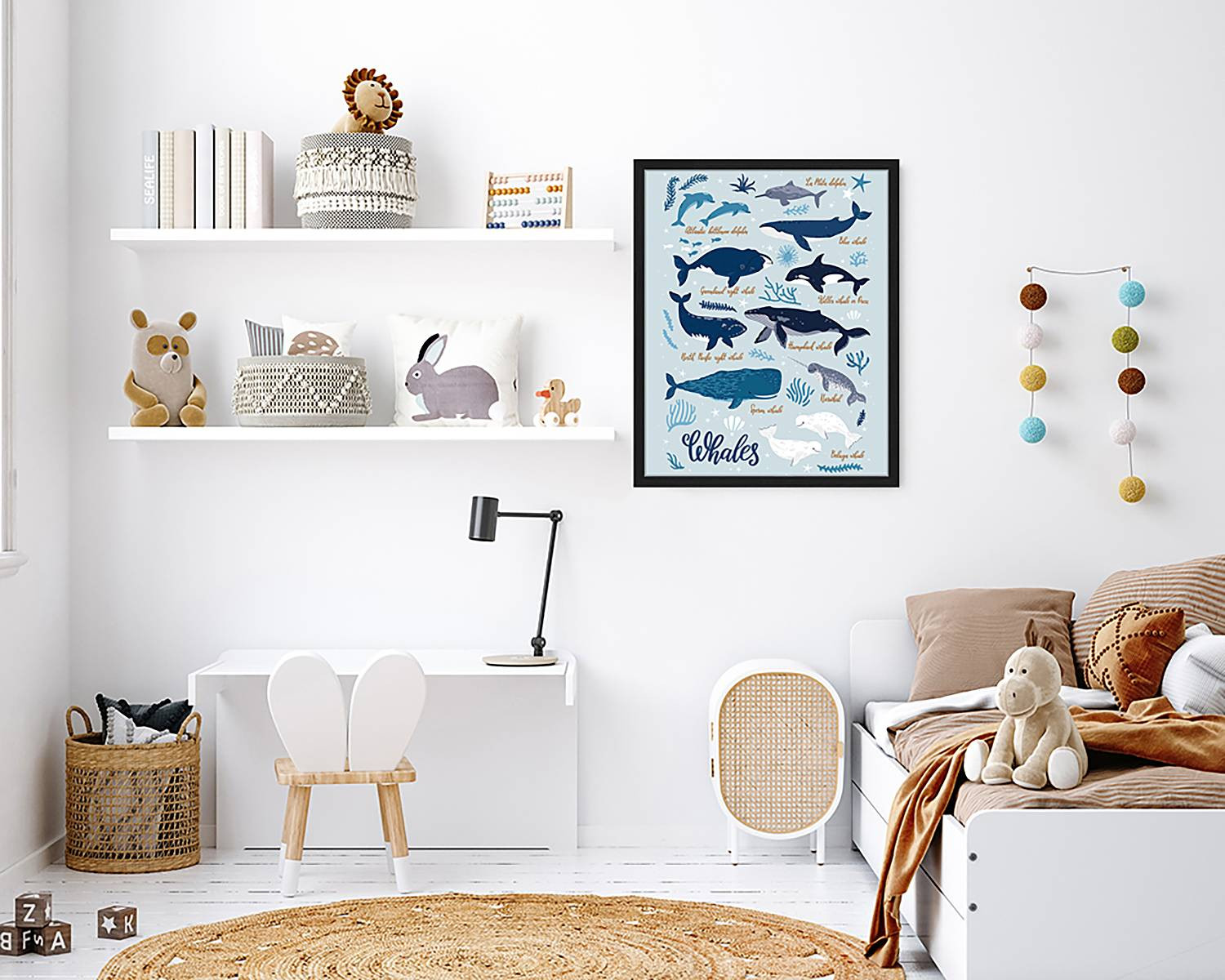 home24 All Kind Of Whales wanddecoratie met dierenillustratie, multicolor, 43 x 53 cm
