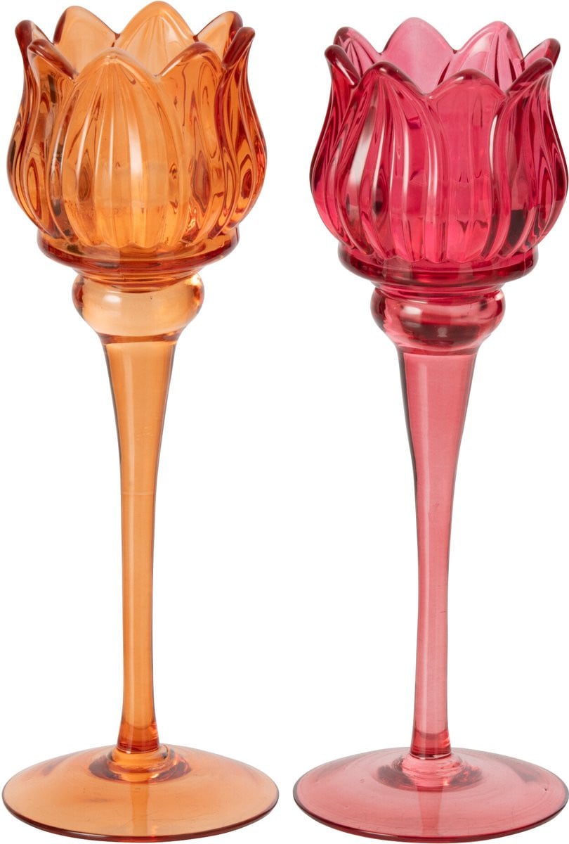 J-Line Tulpvormig windlicht op voet - Glas - Oranje/Fuchsia - Large - Set van 2