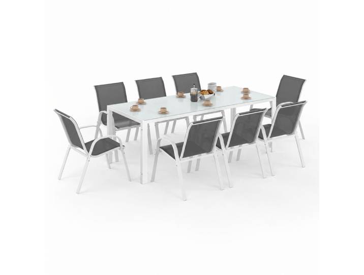 Salon De Jardin Madrid Table 190 Cm Et 8 Chaises Empilables Blanc Et Gris