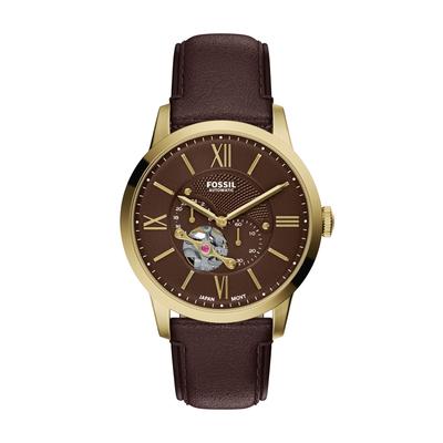Automatikuhr FOSSIL "Townsman", braun (braun, gelbgoldfarben), Armbanduhren, Herren, Automatikuhr, Armbanduhr, Mechanische Uhr, Lederarmband, analog, 12/24-Std.-Anzeige