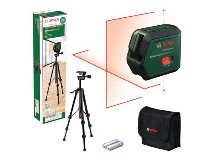 Bosch kruislijnlaser UniversalLevel 2 met statief (laserkruis incl. geïntegreerde loodpunten voor nauwkeurig uitlijnen en eenvoudig overbrengen)