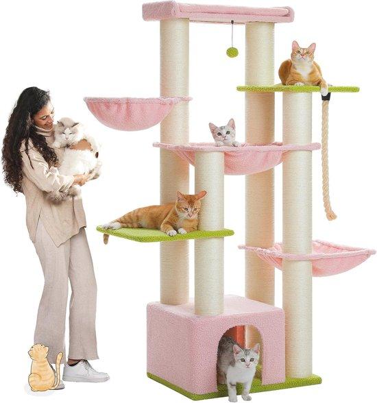 Famanu Katzenbaum für große Katzen mit mehreren Ebenen und Hängematten - Robuste Kratzsäule mit 11 Kratzsäulen