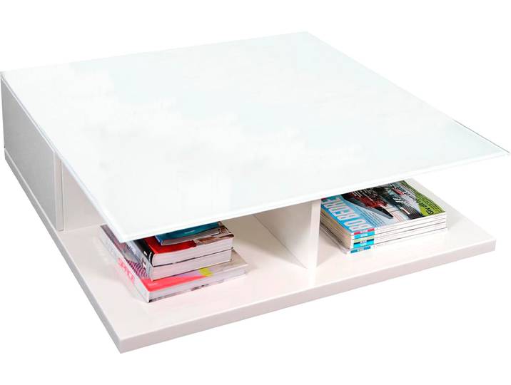Couchtisch SALESFEVER im minimalistischen Stil , weiß, B:100cm H:36cm T:100cm, Tische, Couchtisch, Kristallklare Tischplatte aus gehärtetem Glas