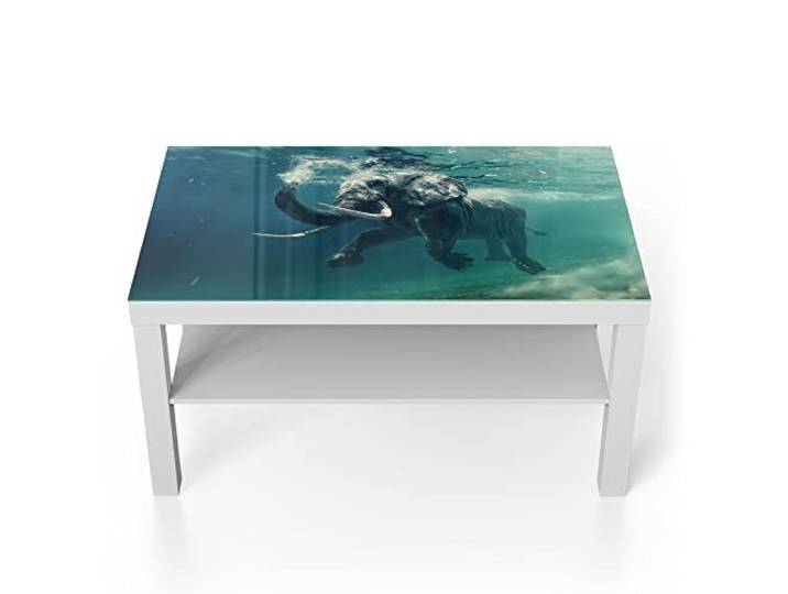 DEQORI Glastisch weiß groß 90x50 cm Motiv Schwimmender Elefant ausgefallener Beistelltisch aus Glas Hochglanz Couchtisch fürs Wohnzimmer moderner Couch Tisch mit Design
