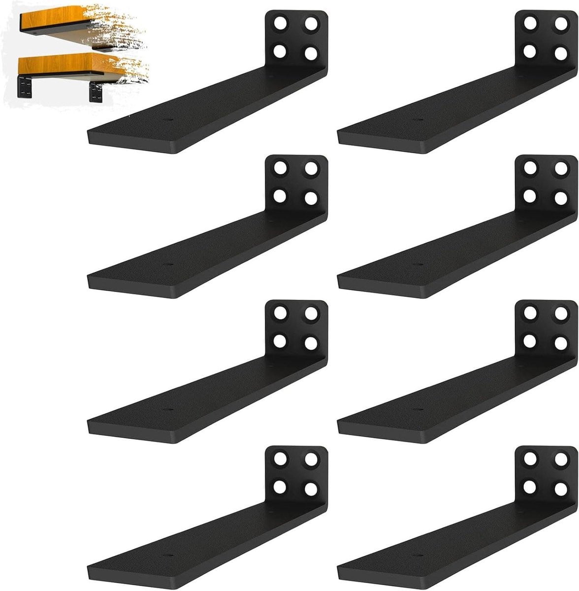 Set van 8 zwarte onzichtbare plankbeugels voor wandmontage