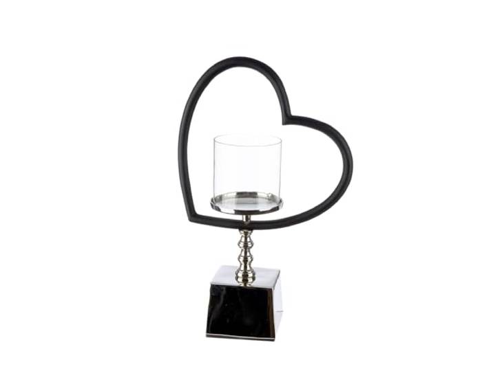 GILDE Windlicht Te Quiero - Herzform - Aluminium und Glas - glänzend vernickelt - schwarz/silberfarben - Höhe 40cm x Breite 27cm