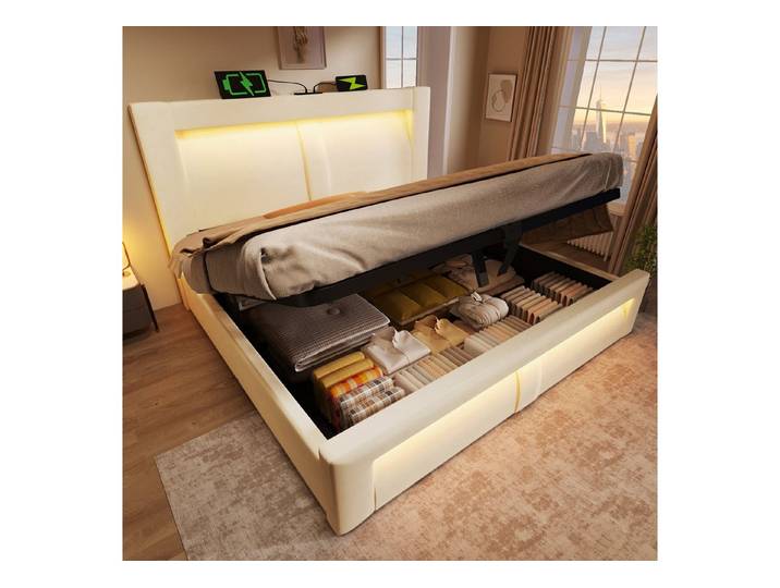 Flieks Polsterbett, Hydraulisches Stauraumbett 180x200cm mit LED-Beleuchtung & USB/Type-C