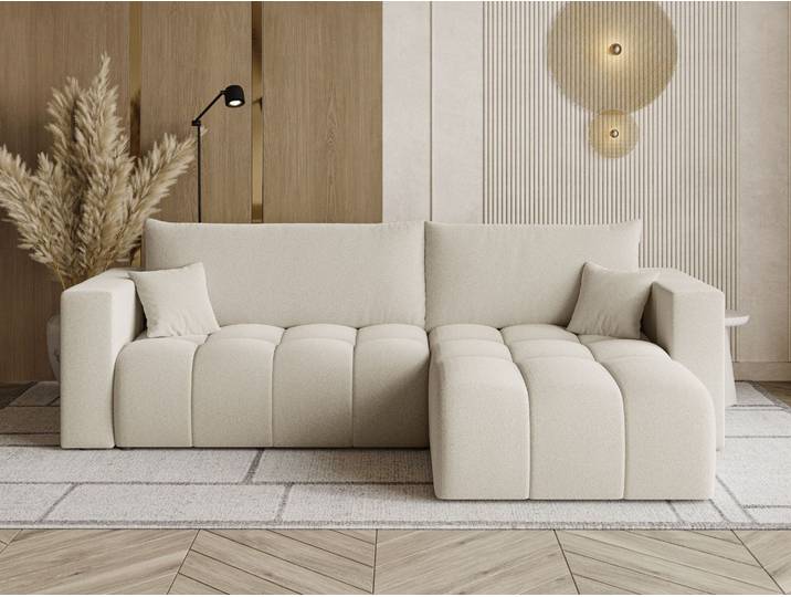 Ecksofa L-Form mit Schlaffunktion und Bettkasten Neva Bouclé-Stoff Beige